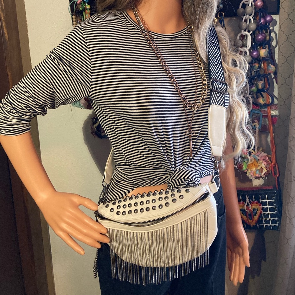 Studded White Crossbody Bag w/ Striped Strap